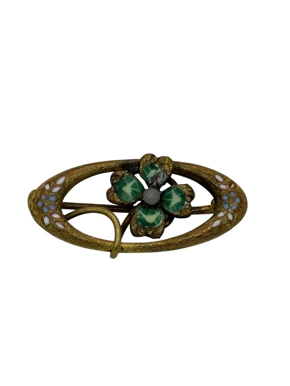 Antique 10k Gold Brooch Green Enamel Lucky Four Leaf Clover Oval 1.5" Victorian